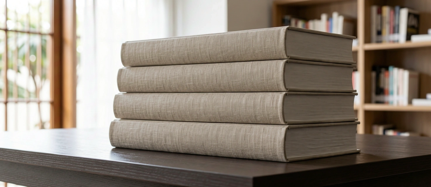 Literary collection in a curated study environment